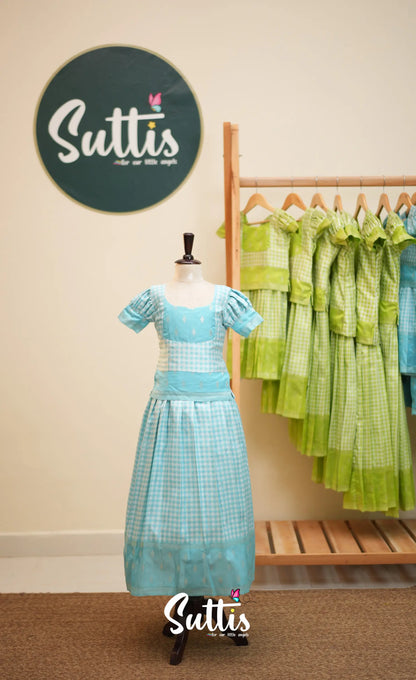 Blended Silk Pavadai Sattai - Sky Blue and White Checks - Kids-Suttis