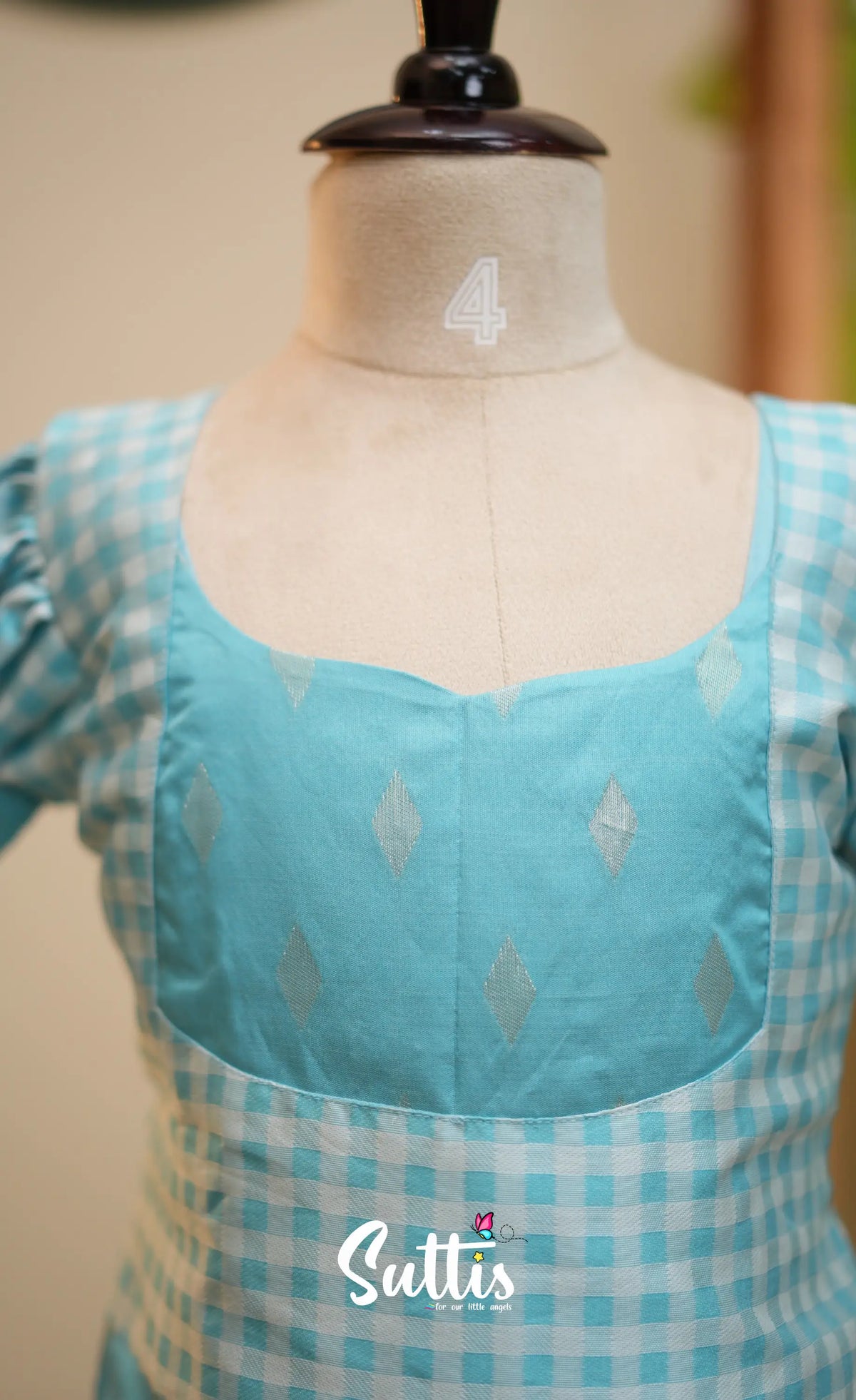 Blended Silk Pavadai Sattai - Sky Blue and White Checks - Kids-Suttis