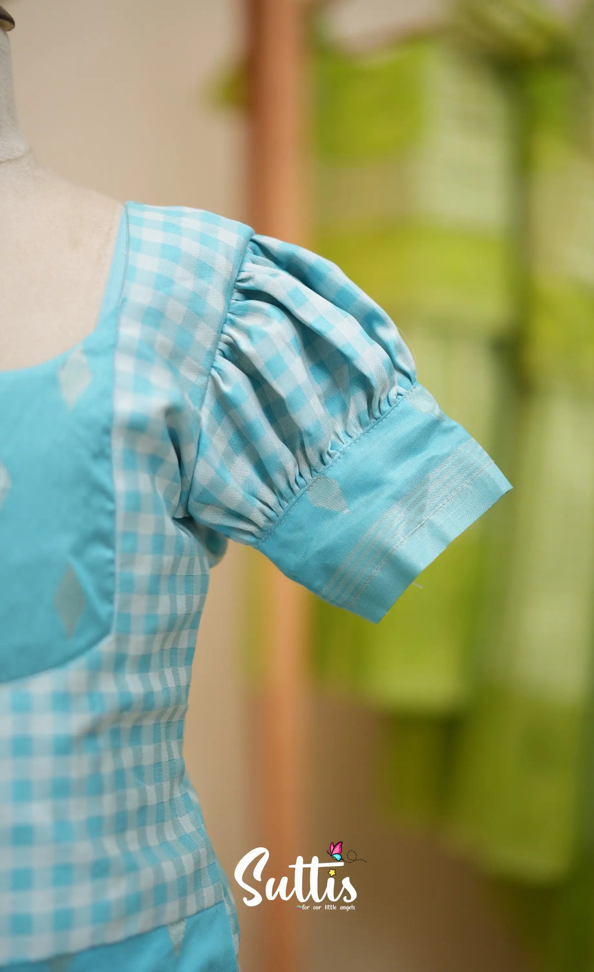 Blended Silk Pavadai Sattai - Sky Blue and White Checks - Kids-Suttis