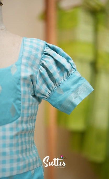 Blended Silk Pavadai Sattai - Sky Blue and White Checks - Kids-Suttis