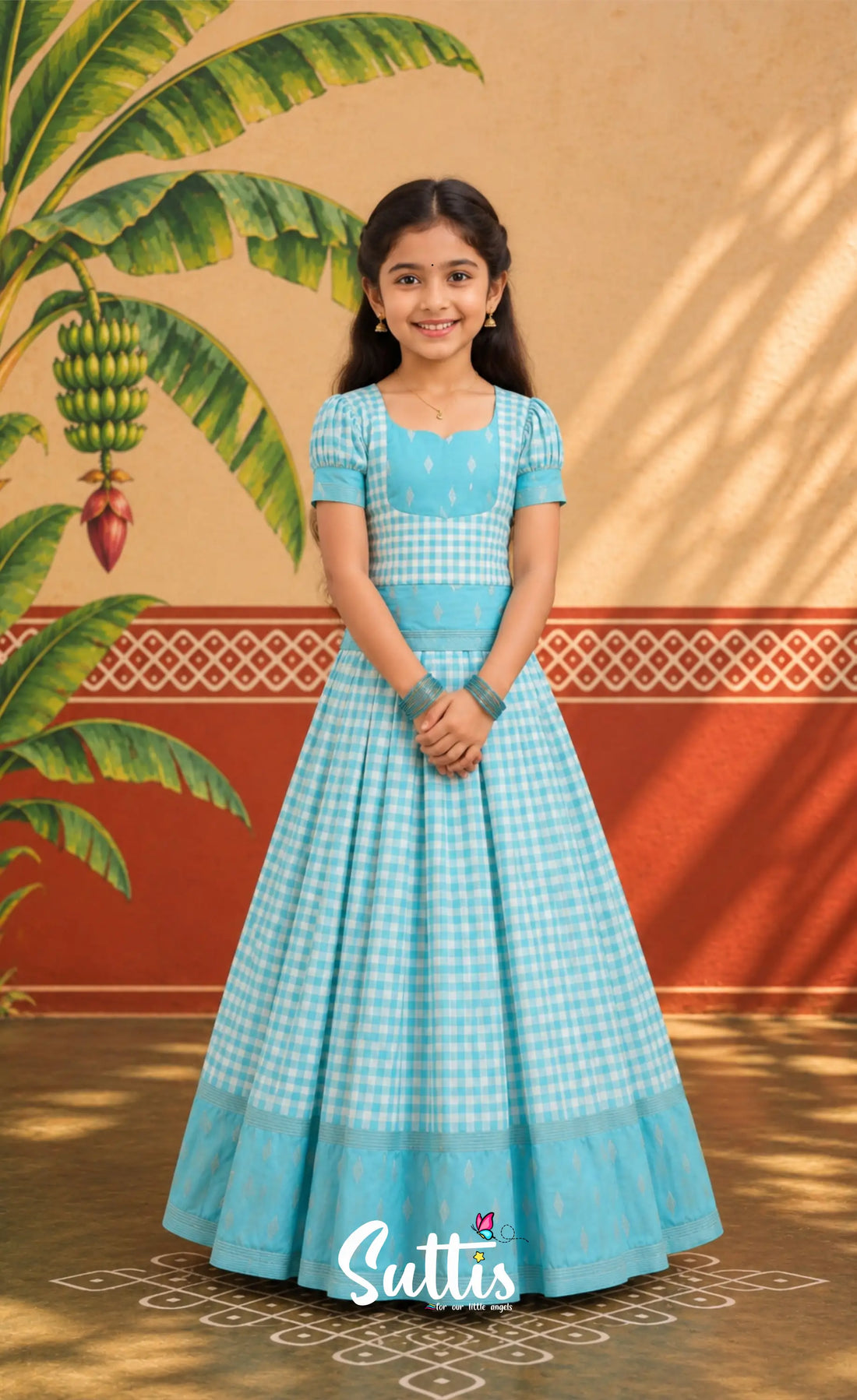 Blended Silk Pavadai Sattai - Sky Blue and White Checks - Kids-Suttis