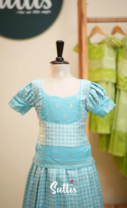 Blended Silk Pavadai Sattai - Sky Blue and White Checks - Kids-Suttis