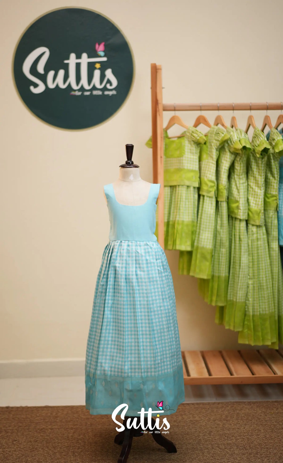 Blended Silk Pavadai Sattai - Sky Blue and White Checks - Kids-Suttis