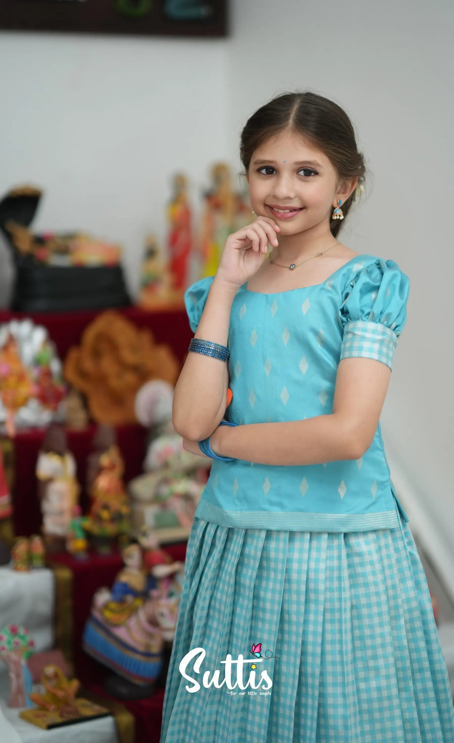 Blended Silk Pavadai Sattai - Sky Blue and White Kids-Suttis