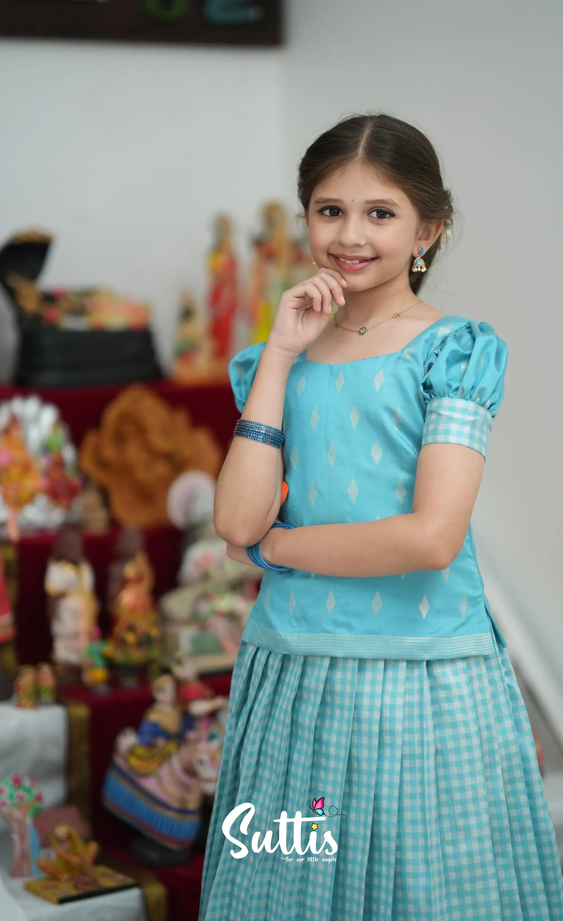Blended Silk Pavadai Sattai - Sky Blue and White Kids-Suttis