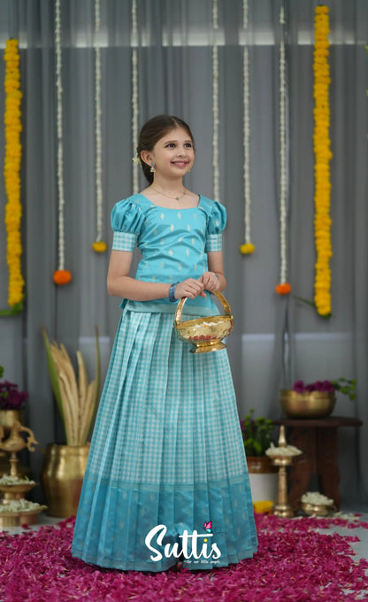 Blended Silk Pavadai Sattai - Sky Blue and White Kids-Suttis
