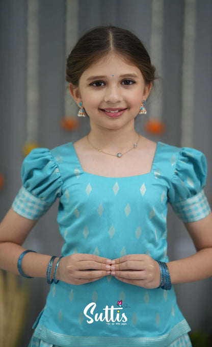 Blended Silk Pavadai Sattai - Sky Blue and White Kids-Suttis