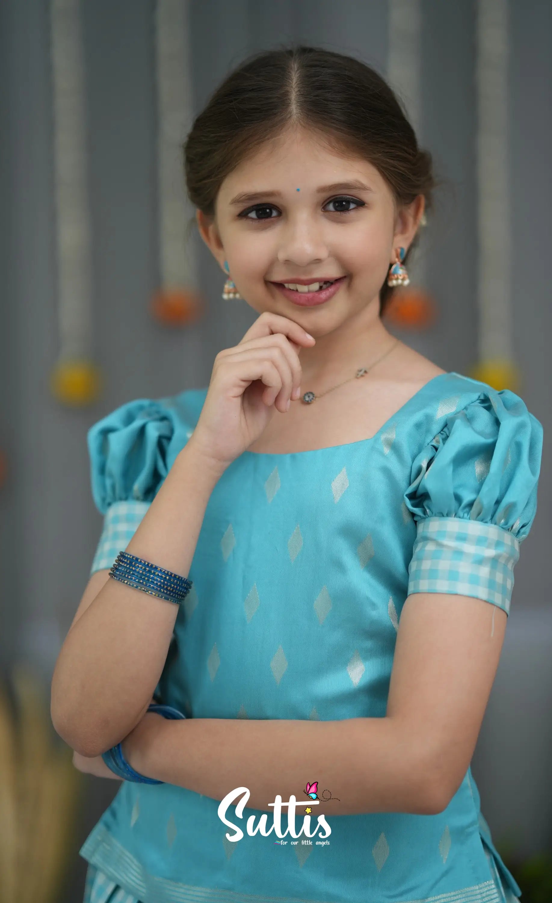 Blended Silk Pavadai Sattai - Sky Blue and White Kids-Suttis