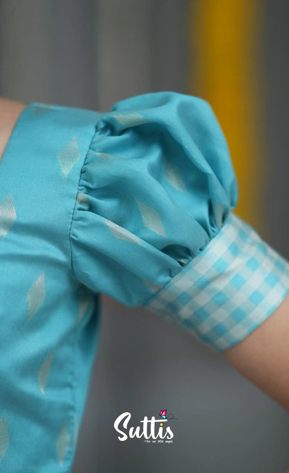 Blended Silk Pavadai Sattai - Sky Blue and White Kids-Suttis