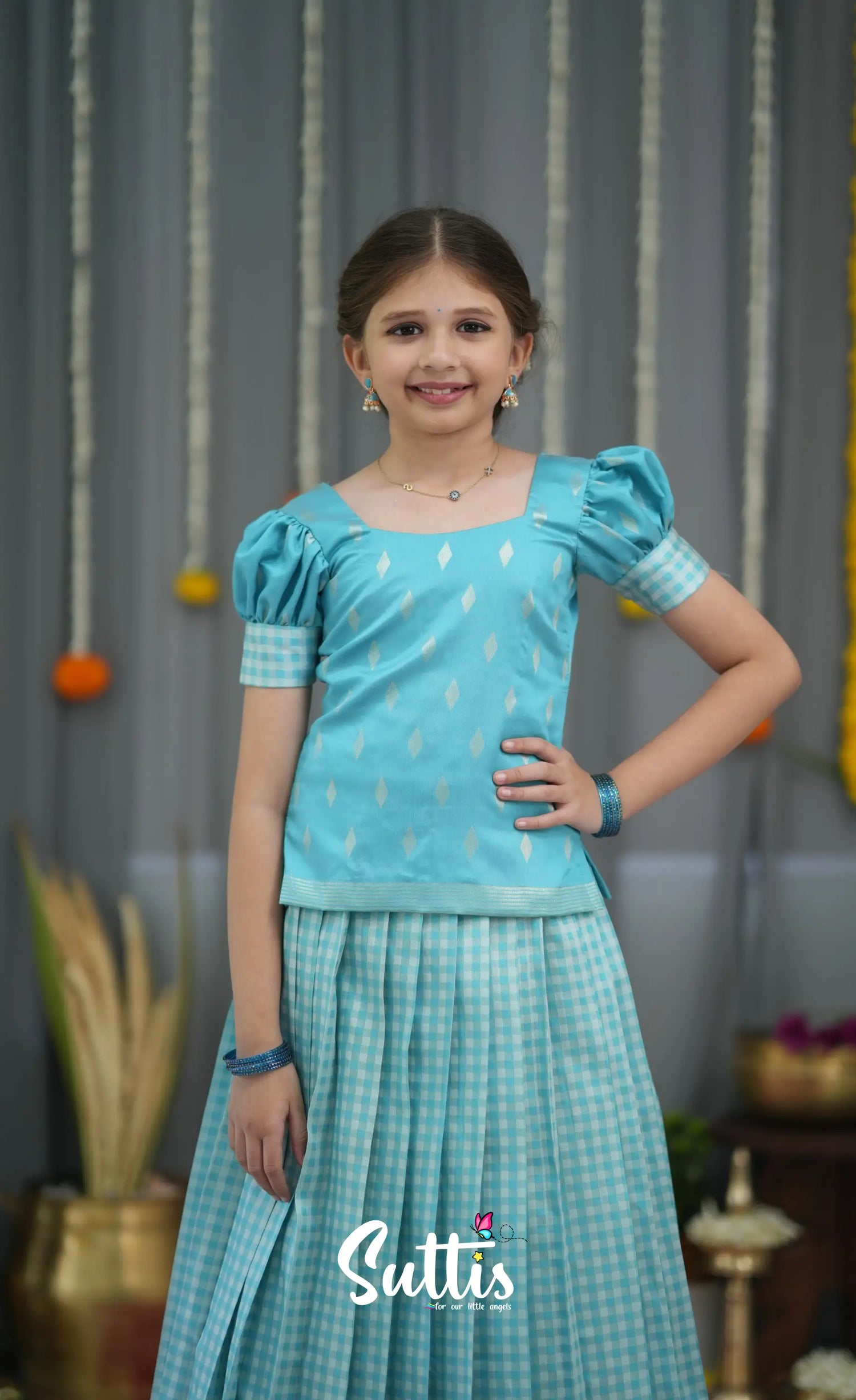 Blended Silk Pavadai Sattai - Sky Blue and White Kids-Suttis