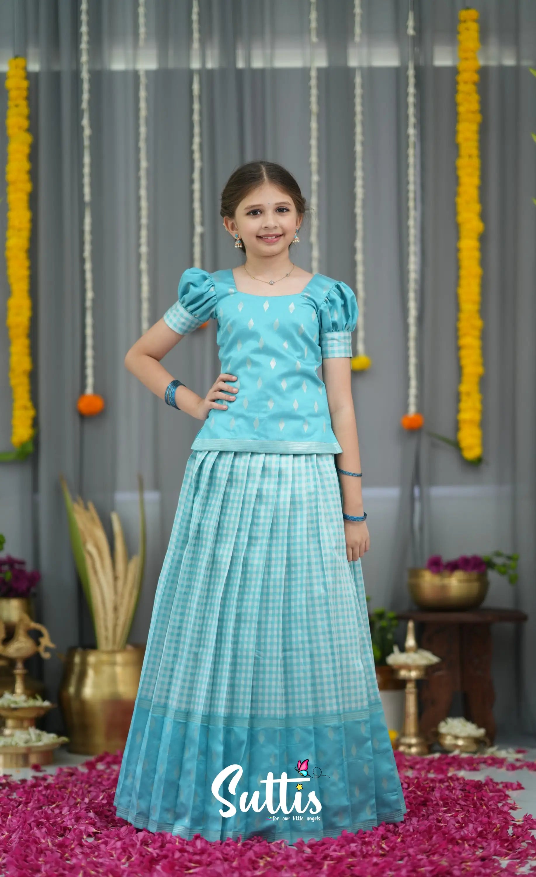 Blended Silk Pavadai Sattai - Sky Blue and White Kids-Suttis