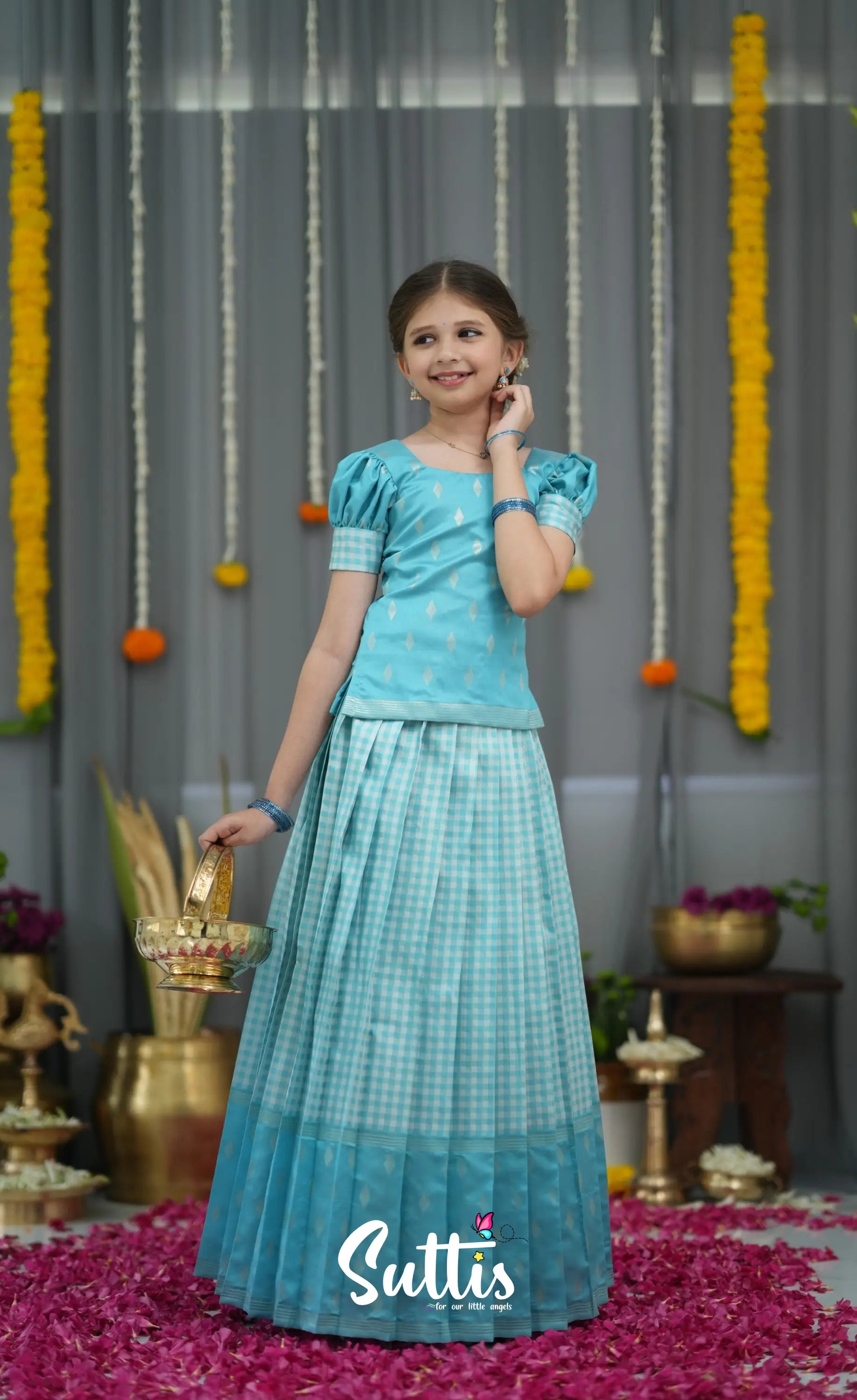 Blended Silk Pavadai Sattai - Sky Blue and White Kids-Suttis