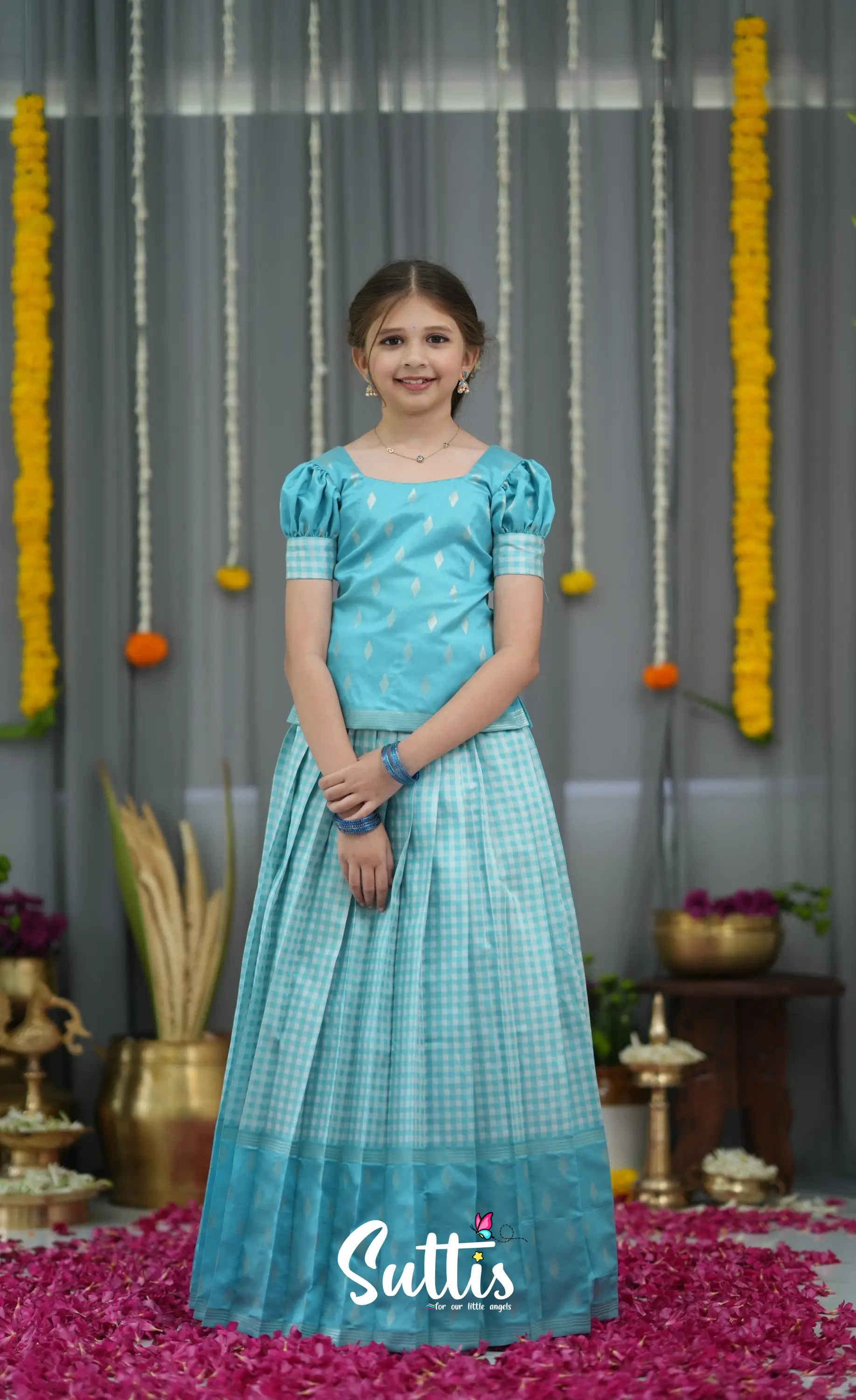 Blended Silk Pavadai Sattai - Sky Blue and White Kids-Suttis