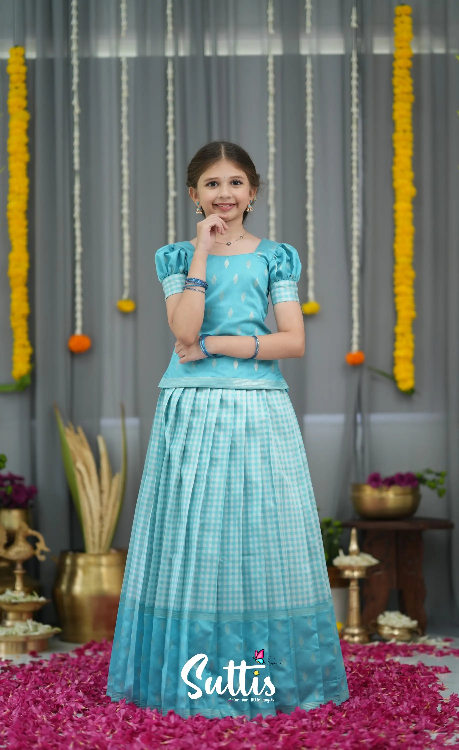 Blended Silk Pavadai Sattai - Sky Blue and White Kids-Suttis