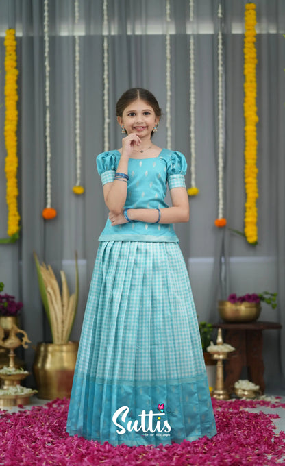 Blended Silk Pavadai Sattai - Sky Blue and White Kids-Suttis