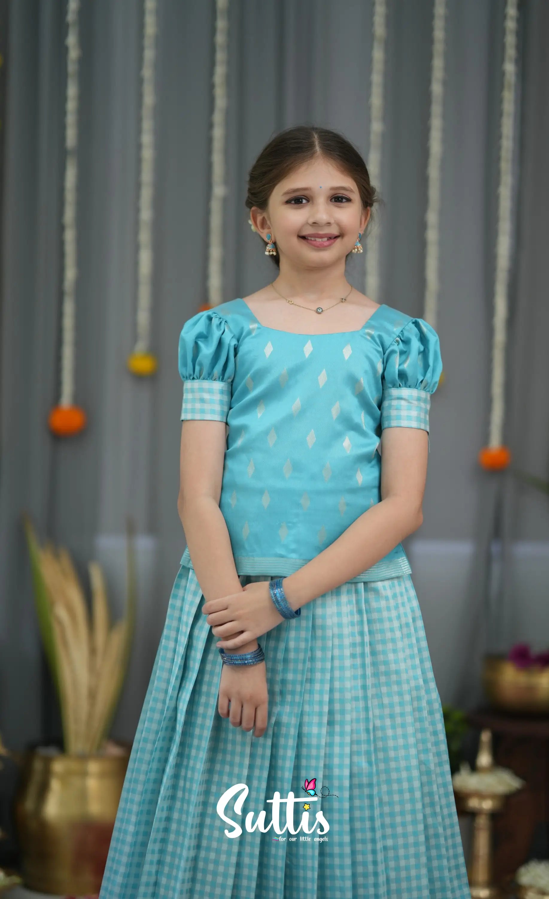 Blended Silk Pavadai Sattai - Sky Blue and White Kids-Suttis