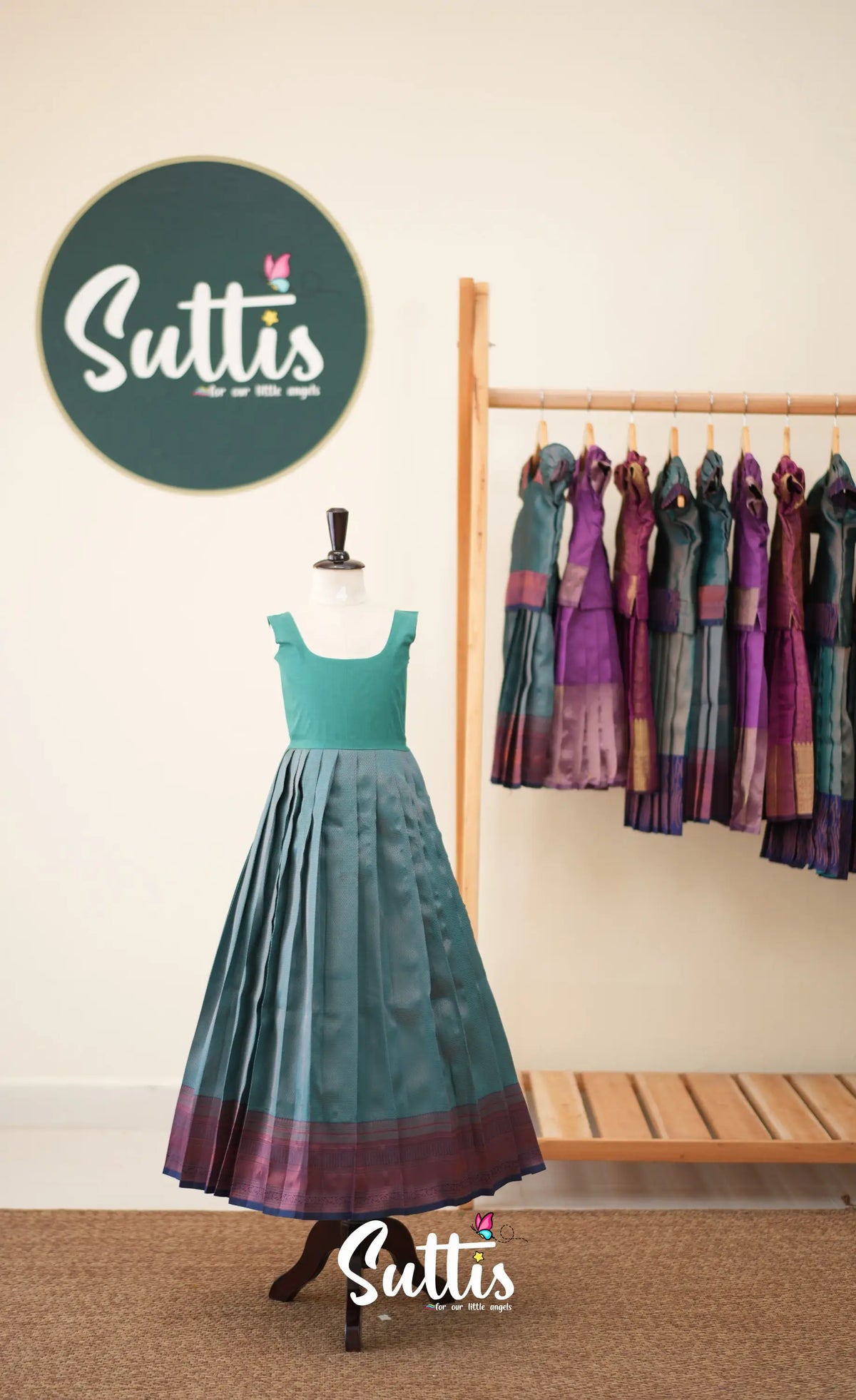 Blended Silk Pavadai Sattai - Teal Blue and Navy Blue - Kids-Suttis
