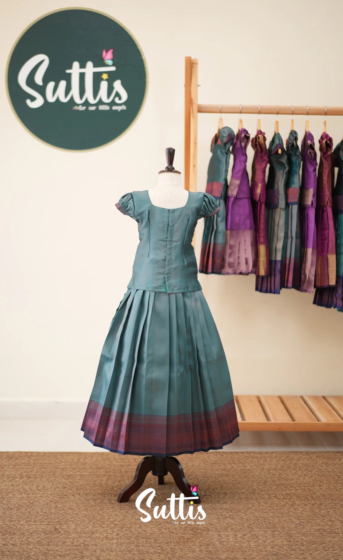 Blended Silk Pavadai Sattai - Teal Blue and Navy Blue - Kids-Suttis