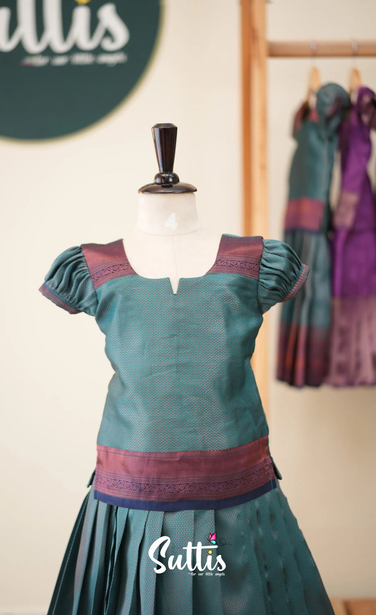 Blended Silk Pavadai Sattai - Teal Blue and Navy Blue - Kids-Suttis