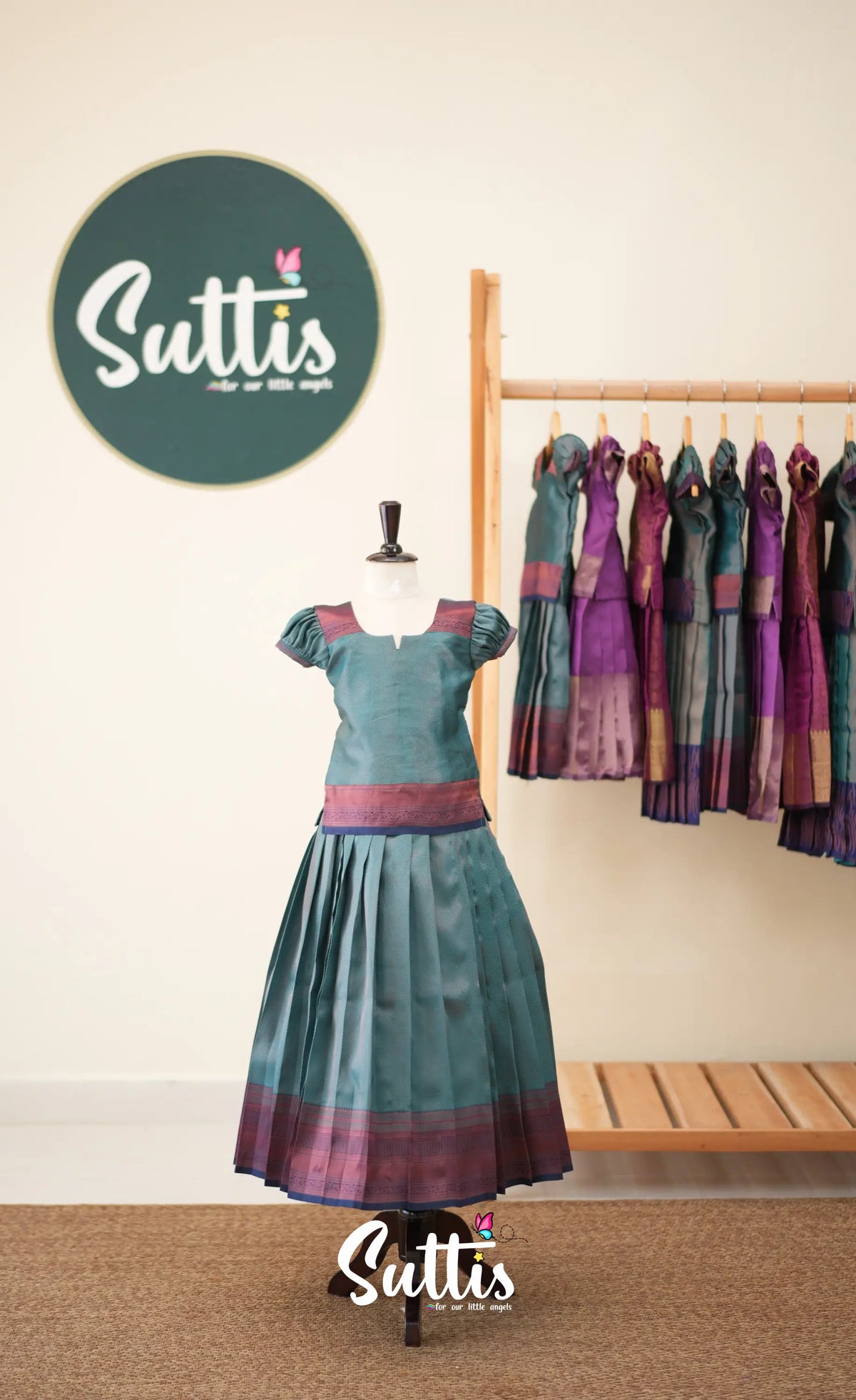 Blended Silk Pavadai Sattai - Teal Blue and Navy Blue - Kids-Suttis