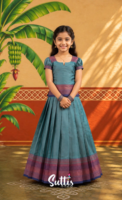 Blended Silk Pavadai Sattai - Teal Blue and Navy Blue - Kids-Suttis