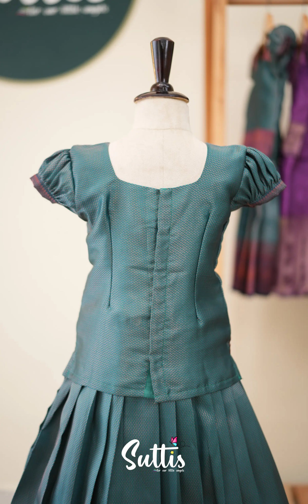 Blended Silk Pavadai Sattai - Teal Blue and Navy Blue - Kids-Suttis