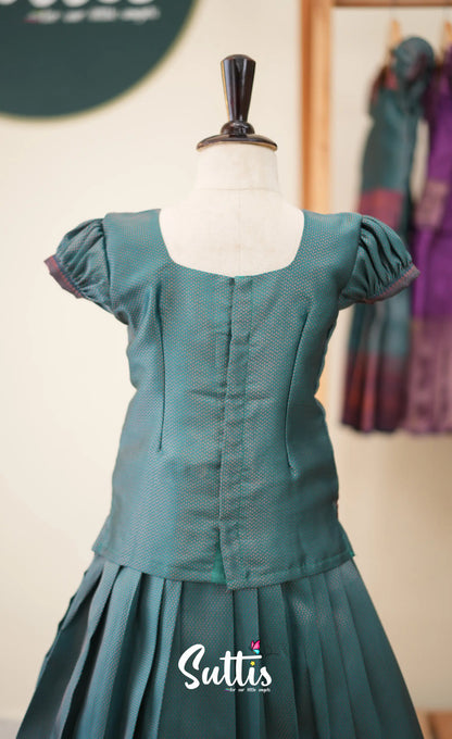 Blended Silk Pavadai Sattai - Teal Blue and Navy Blue - Kids-Suttis