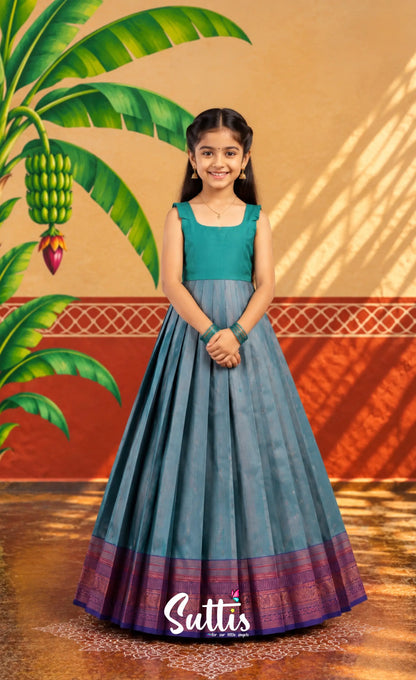 Blended Silk Pavadai Sattai - Teal Blue and Navy Blue - Kids-Suttis