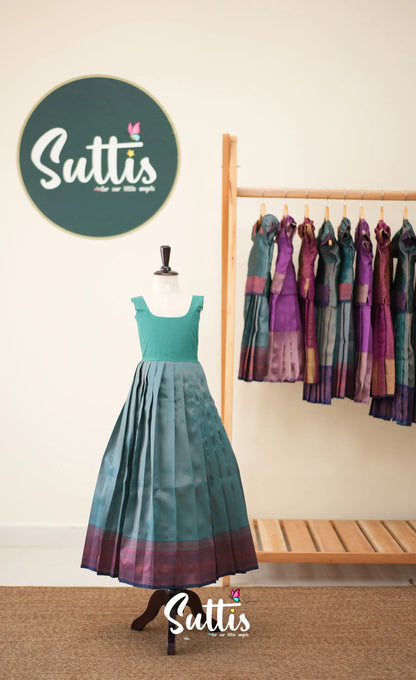 Blended Silk Pavadai Sattai - Teal Blue and Navy Blue - Kids-Suttis