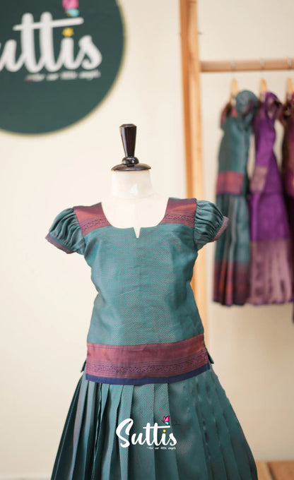 Blended Silk Pavadai Sattai - Teal Blue and Navy Blue - Kids-Suttis