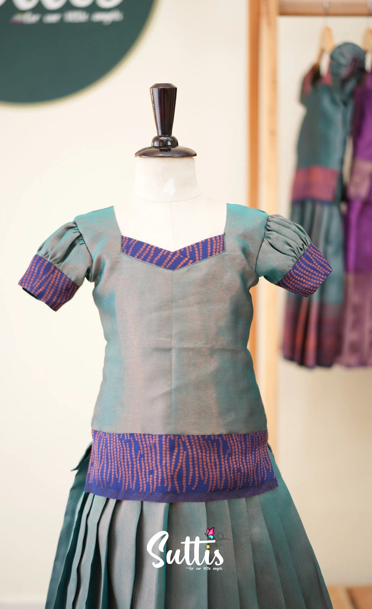 Blended Silk Pavadai Sattai - Two tone Blue and Royal Blue - Kids-Suttis