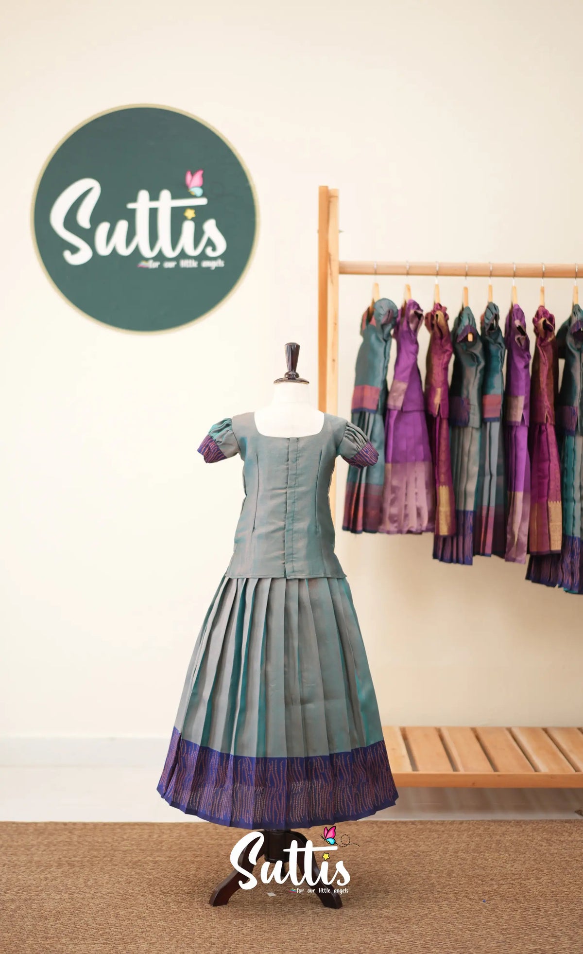 Blended Silk Pavadai Sattai - Two tone Blue and Royal Blue - Kids-Suttis
