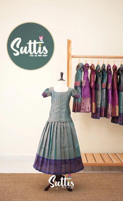 Blended Silk Pavadai Sattai - Two tone Blue and Royal Blue - Kids-Suttis