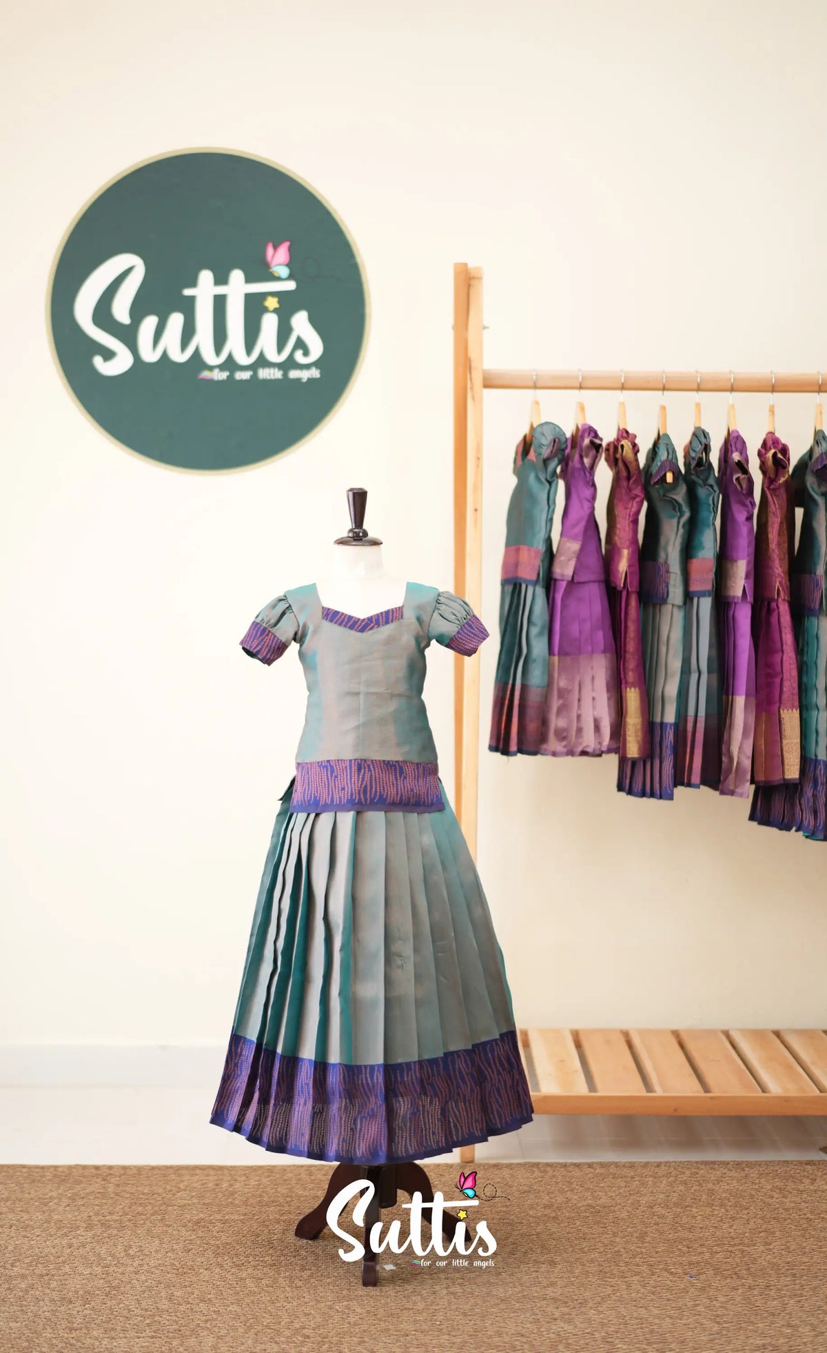 Blended Silk Pavadai Sattai - Two tone Blue and Royal Blue - Kids-Suttis