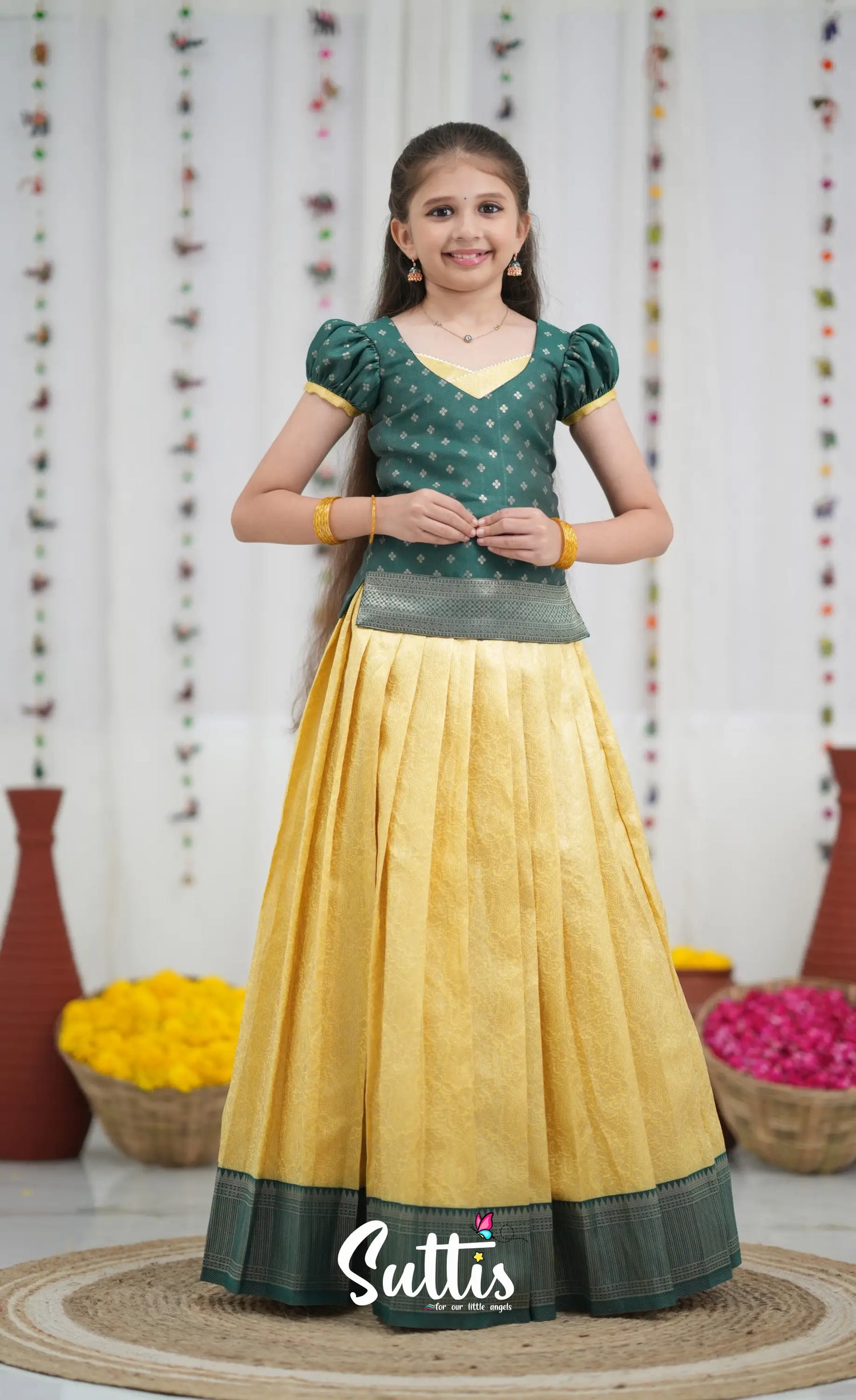 Blended Silk Pavadai Sattai Yellow and Bottle Green Kids Suttis