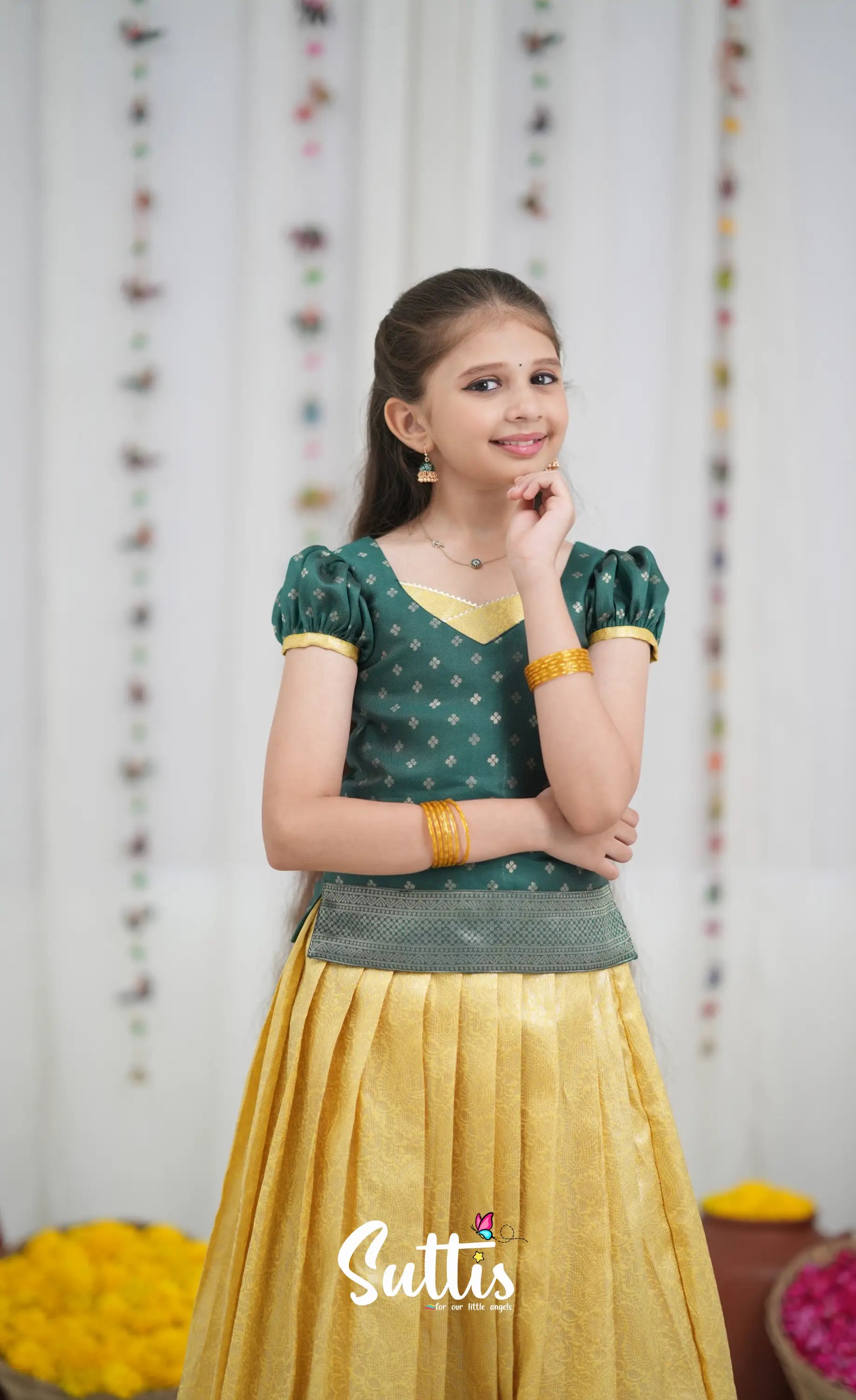 Blended Silk Pavadai Sattai Yellow and Bottle Green Kids Suttis