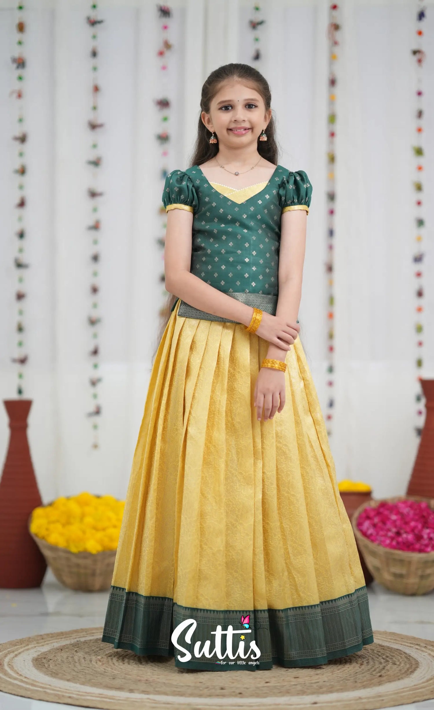 Blended Silk Pavadai Sattai Yellow and Bottle Green Kids Suttis