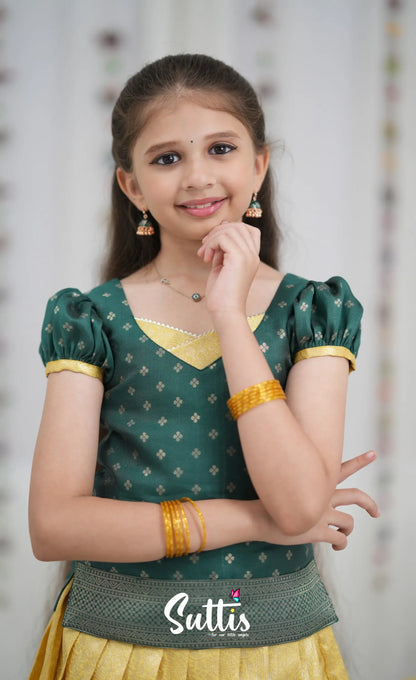 Blended Silk Pavadai Sattai Yellow and Bottle Green Kids Suttis