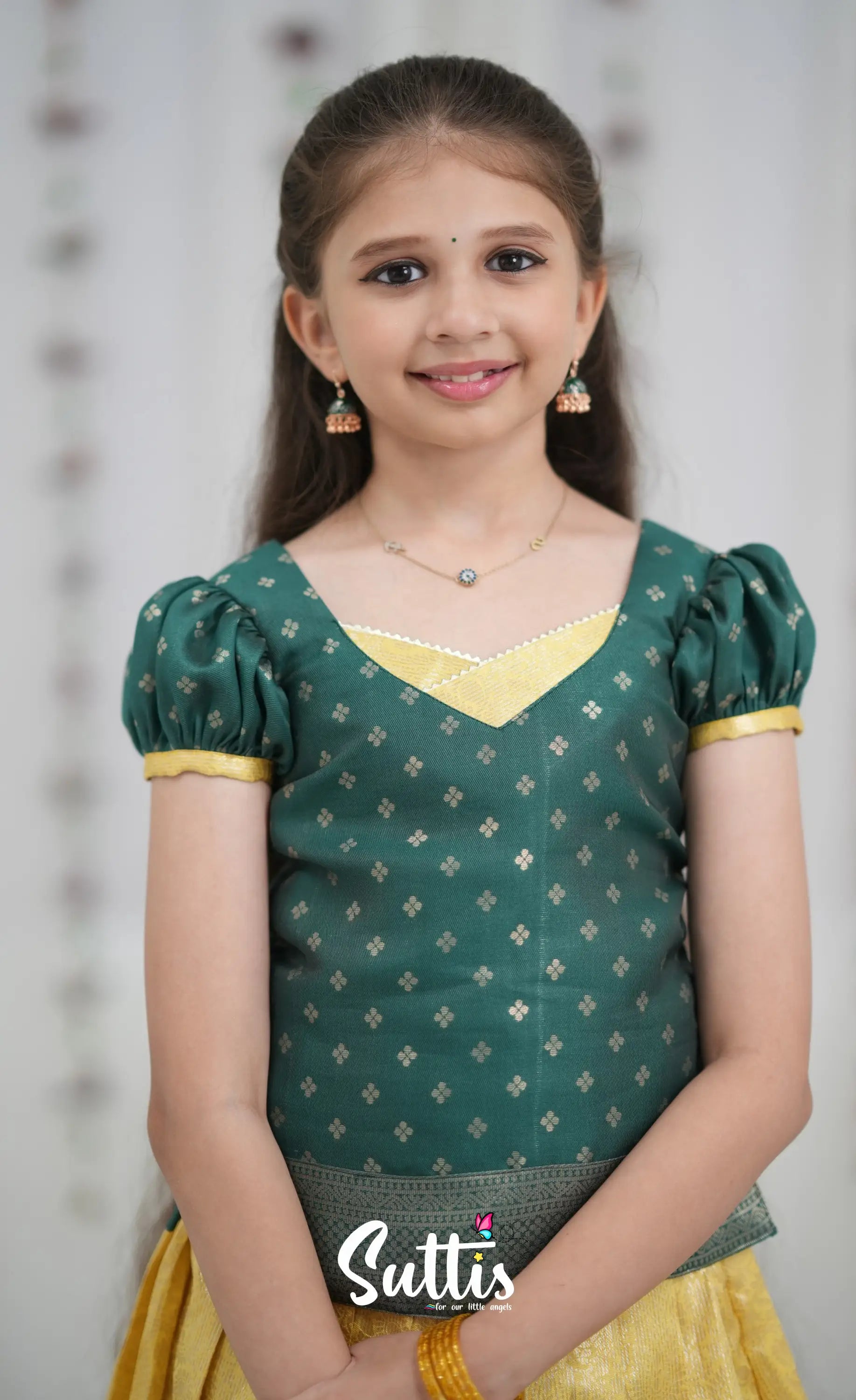 Blended Silk Pavadai Sattai Yellow and Bottle Green Kids Suttis