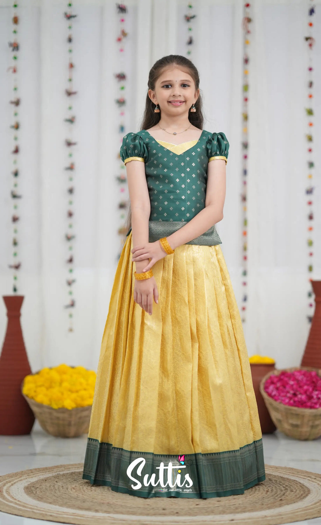 Blended Silk Pavadai Sattai Yellow and Bottle Green Kids Suttis