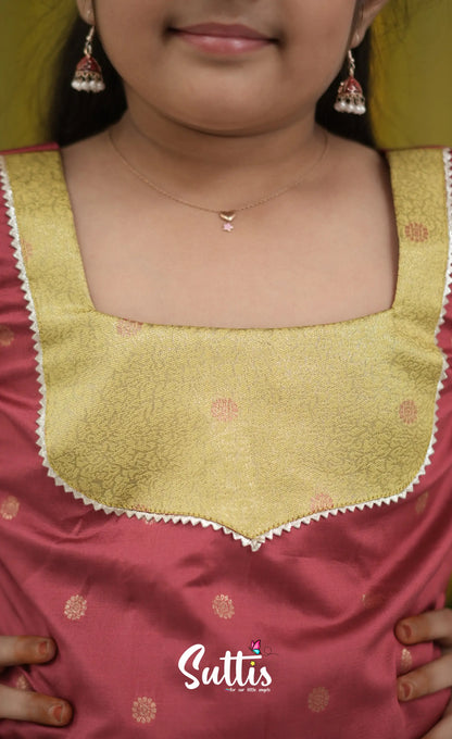 Blended Silk Pavadai Sattai - Yellow and Maroon Kids-Suttis