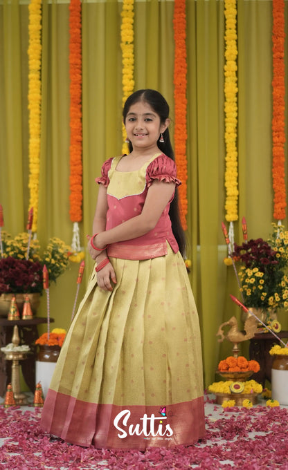 Blended Silk Pavadai Sattai - Yellow and Maroon Kids-Suttis