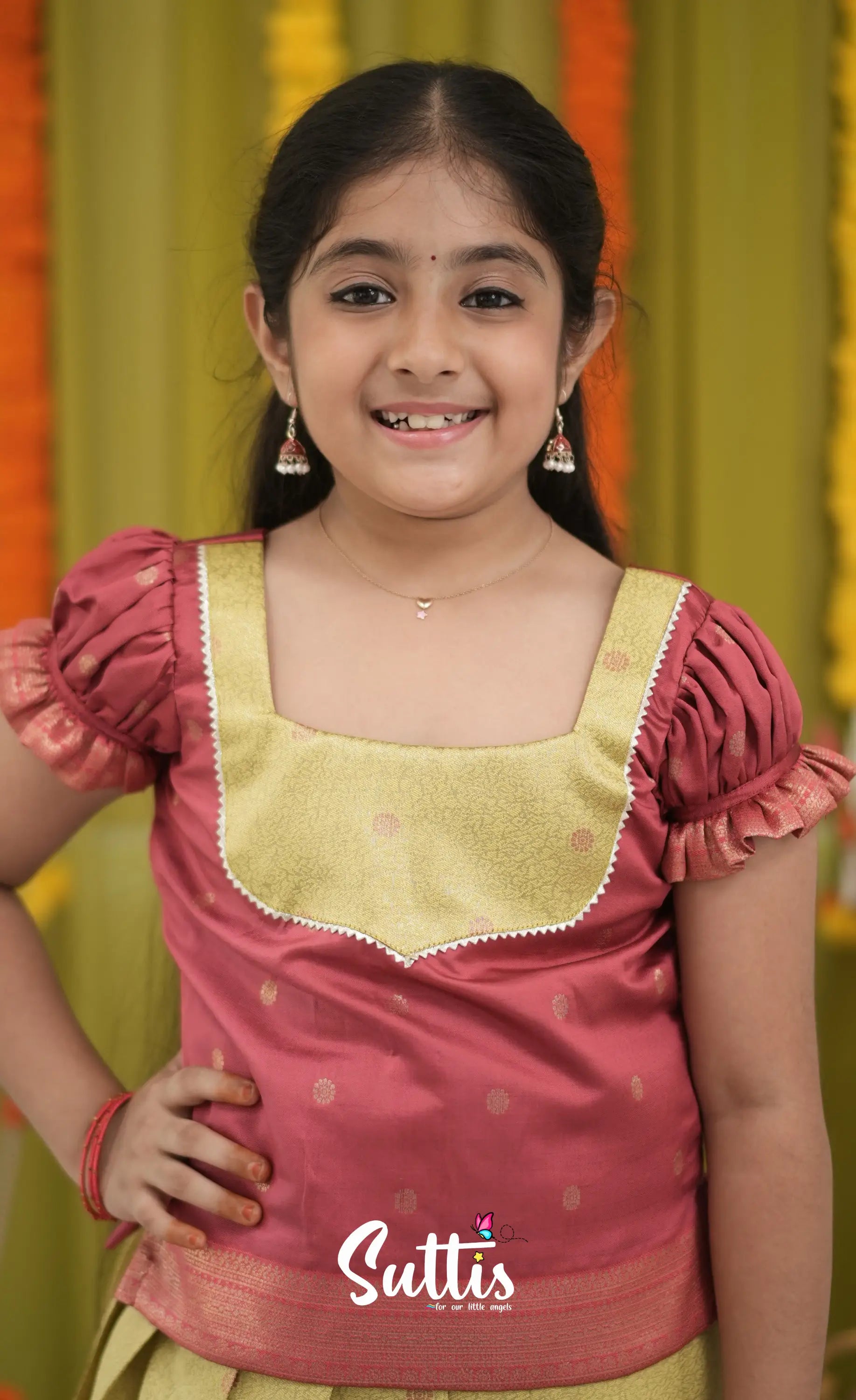 Blended Silk Pavadai Sattai - Yellow and Maroon Kids-Suttis