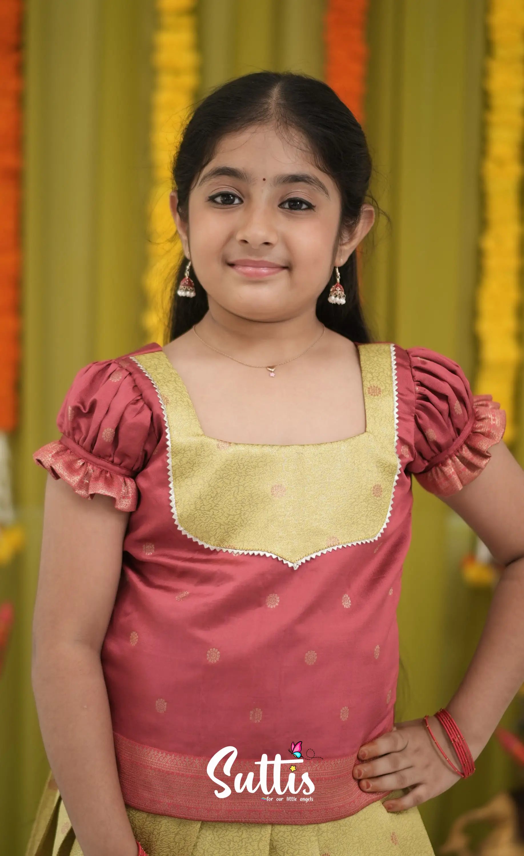 Blended Silk Pavadai Sattai - Yellow and Maroon Kids-Suttis