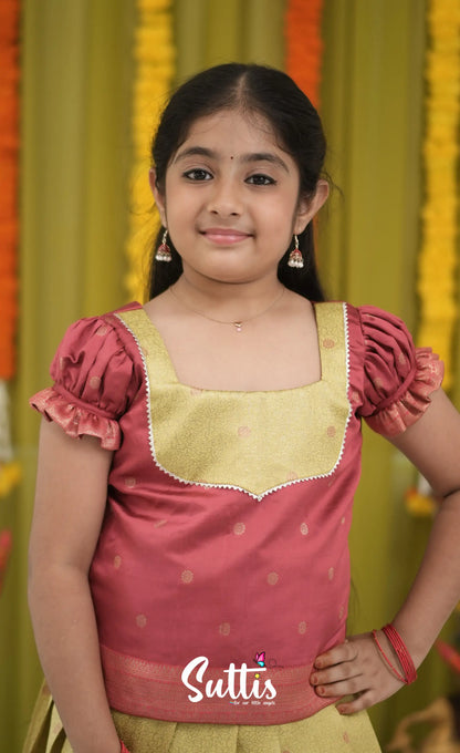 Blended Silk Pavadai Sattai - Yellow and Maroon Kids-Suttis