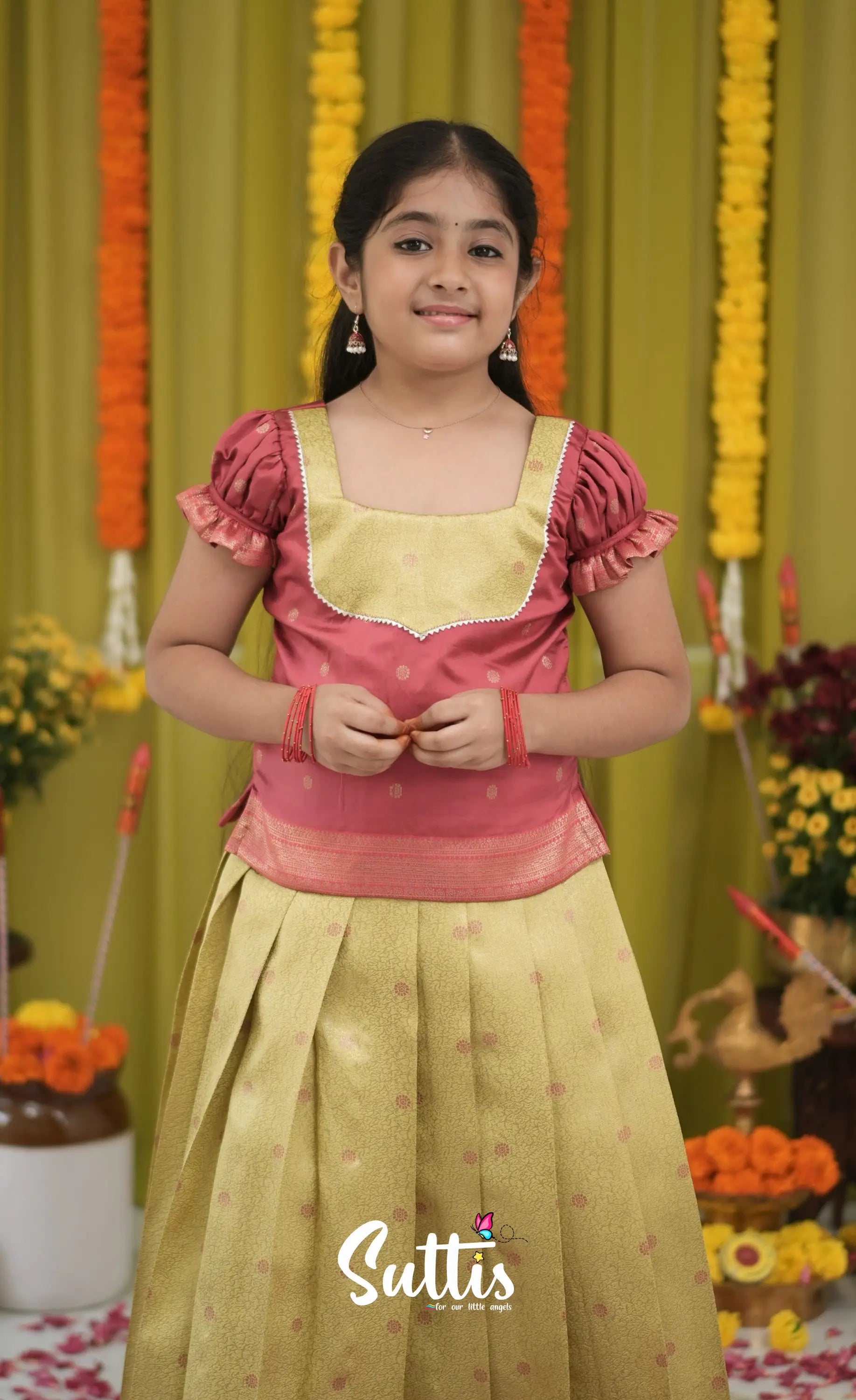 Blended Silk Pavadai Sattai - Yellow and Maroon Kids-Suttis
