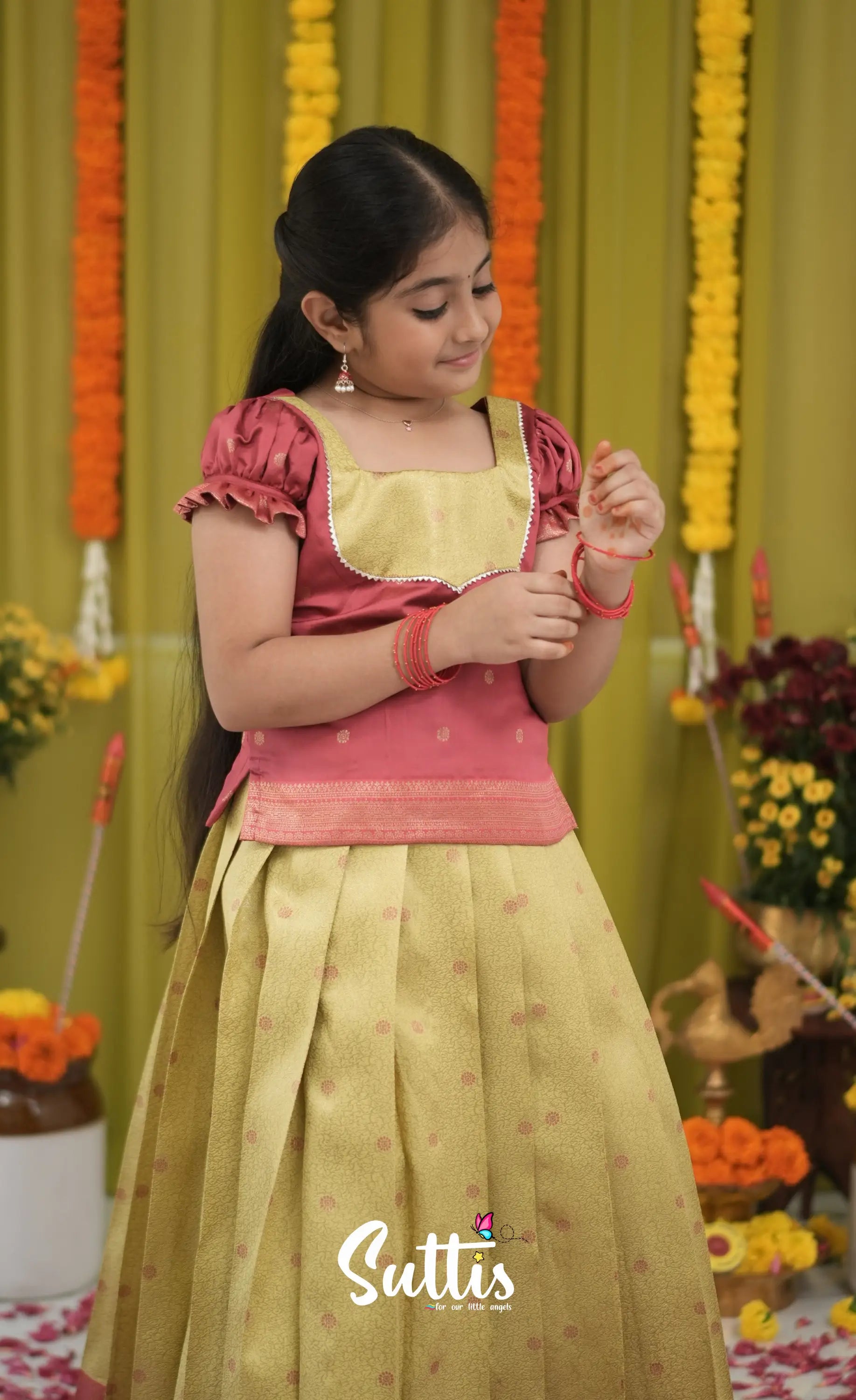 Blended Silk Pavadai Sattai - Yellow and Maroon Kids-Suttis