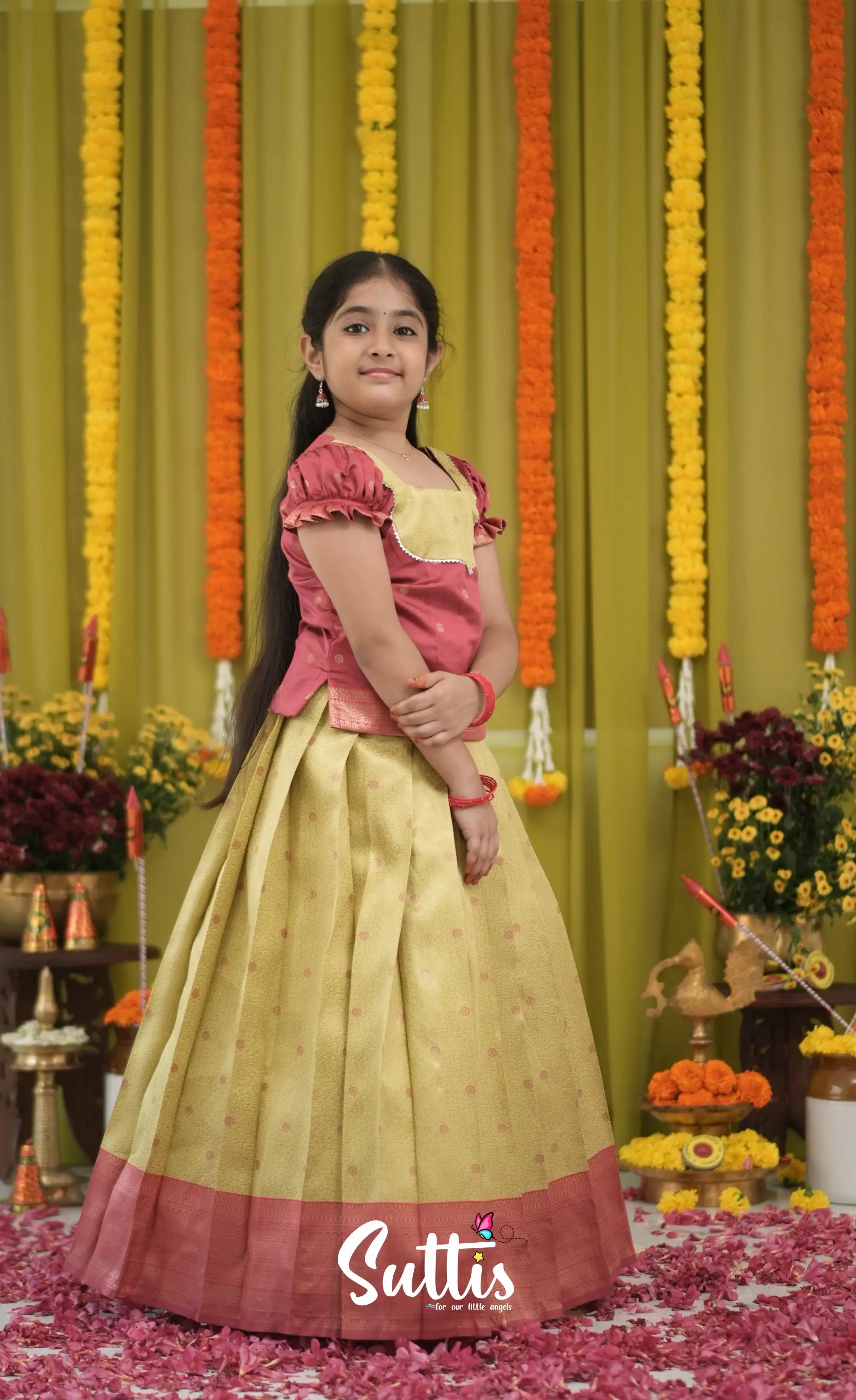 Blended Silk Pavadai Sattai - Yellow and Maroon Kids-Suttis