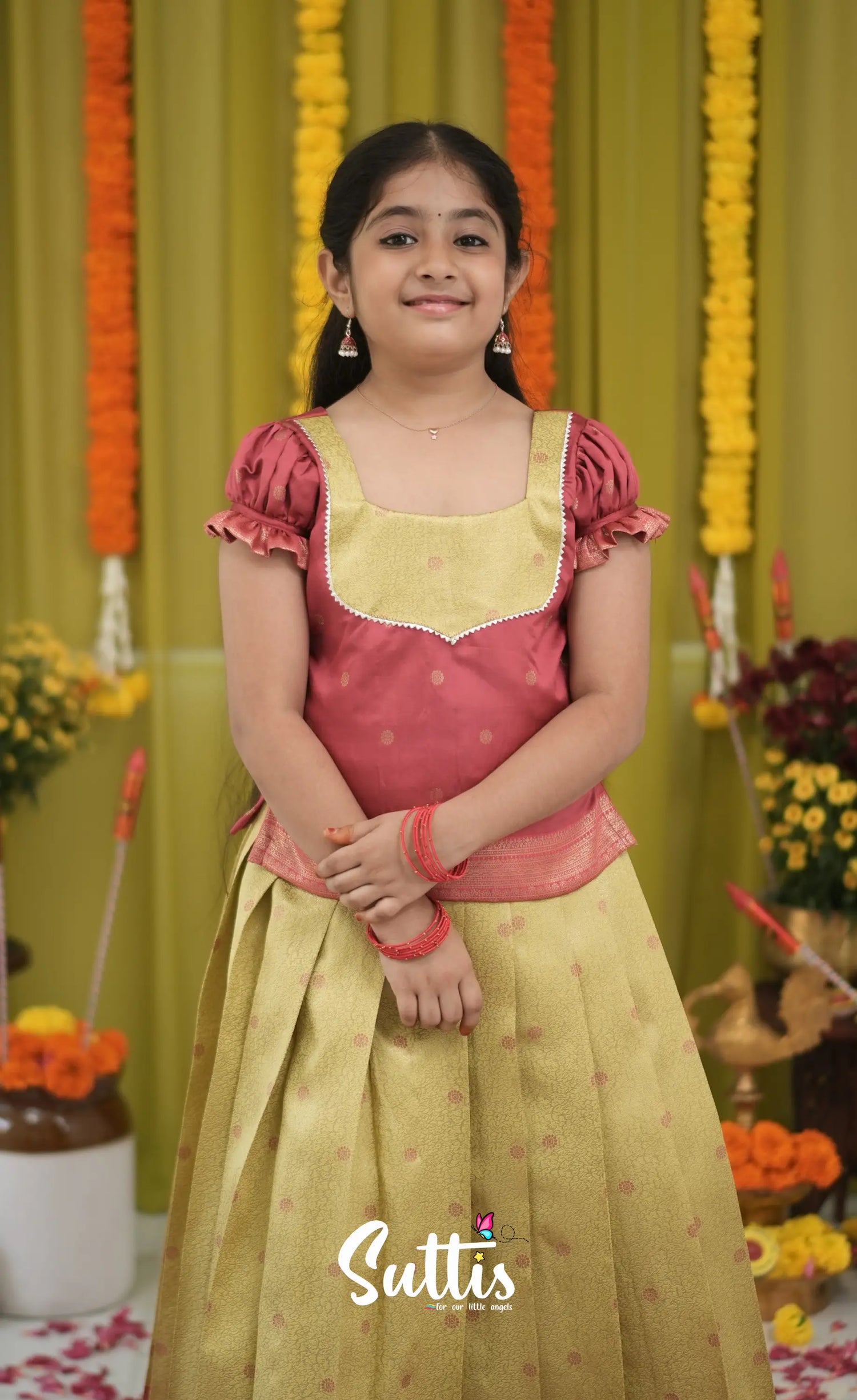 Blended Silk Pavadai Sattai - Yellow and Maroon Kids-Suttis