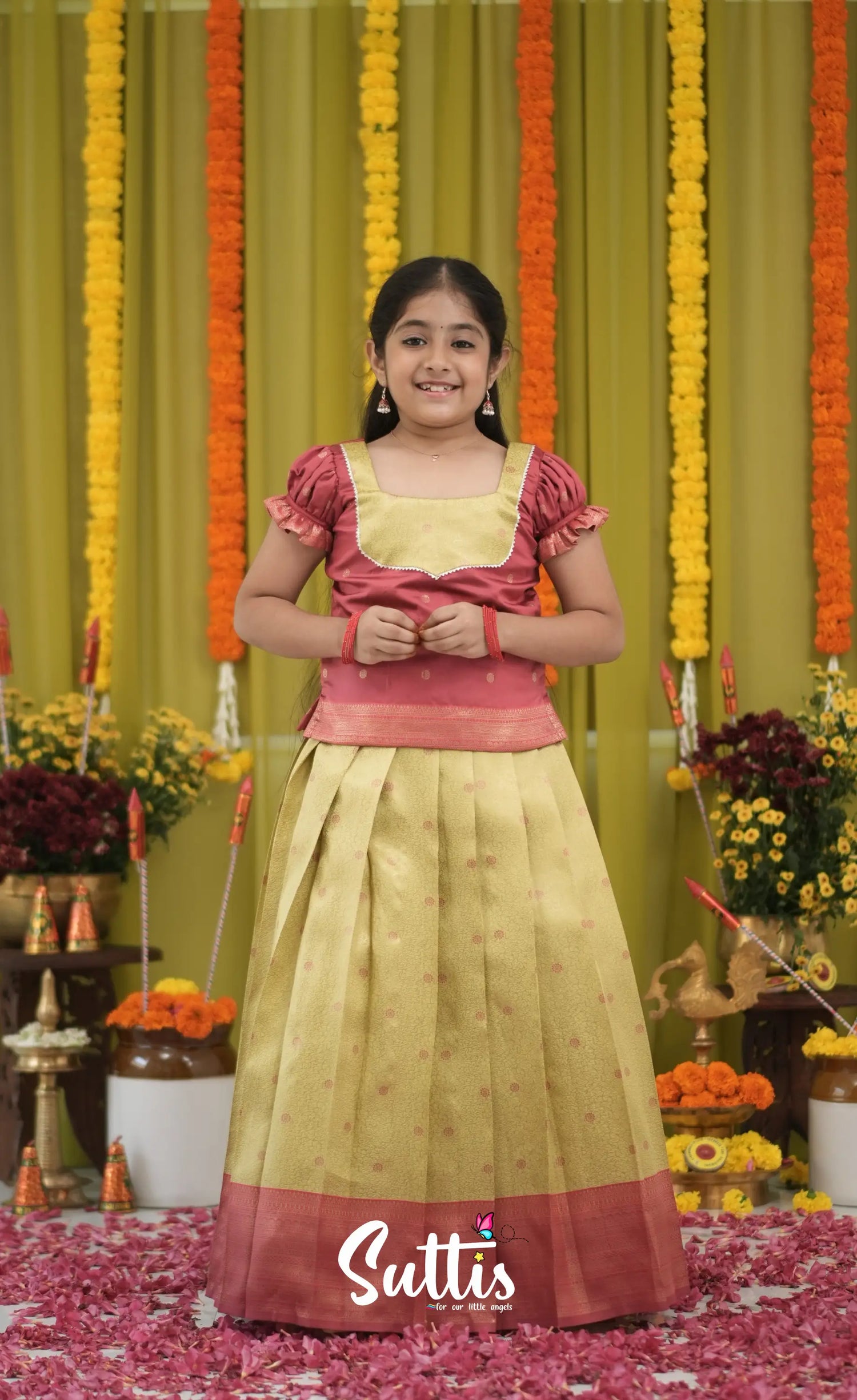 Blended Silk Pavadai Sattai - Yellow and Maroon Kids-Suttis
